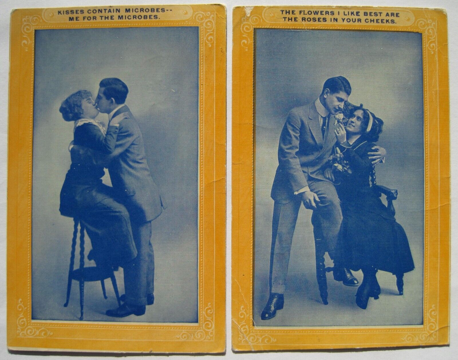Couple Kissing; Spread Microbes; 2 Old 1911-12 Lovers Postcards