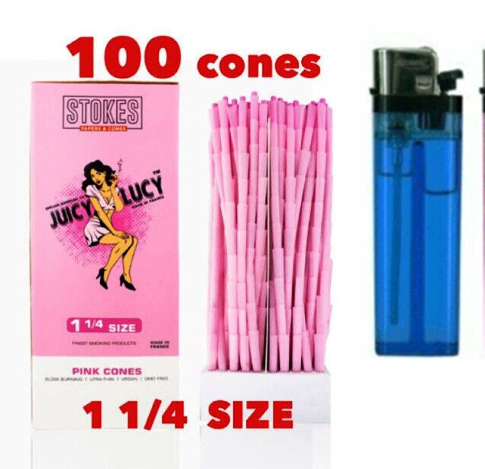 100x Juicy Lucy Pink Cone 100 ct  1 1/4 Size pre rolled Cones FREE LIGHTER