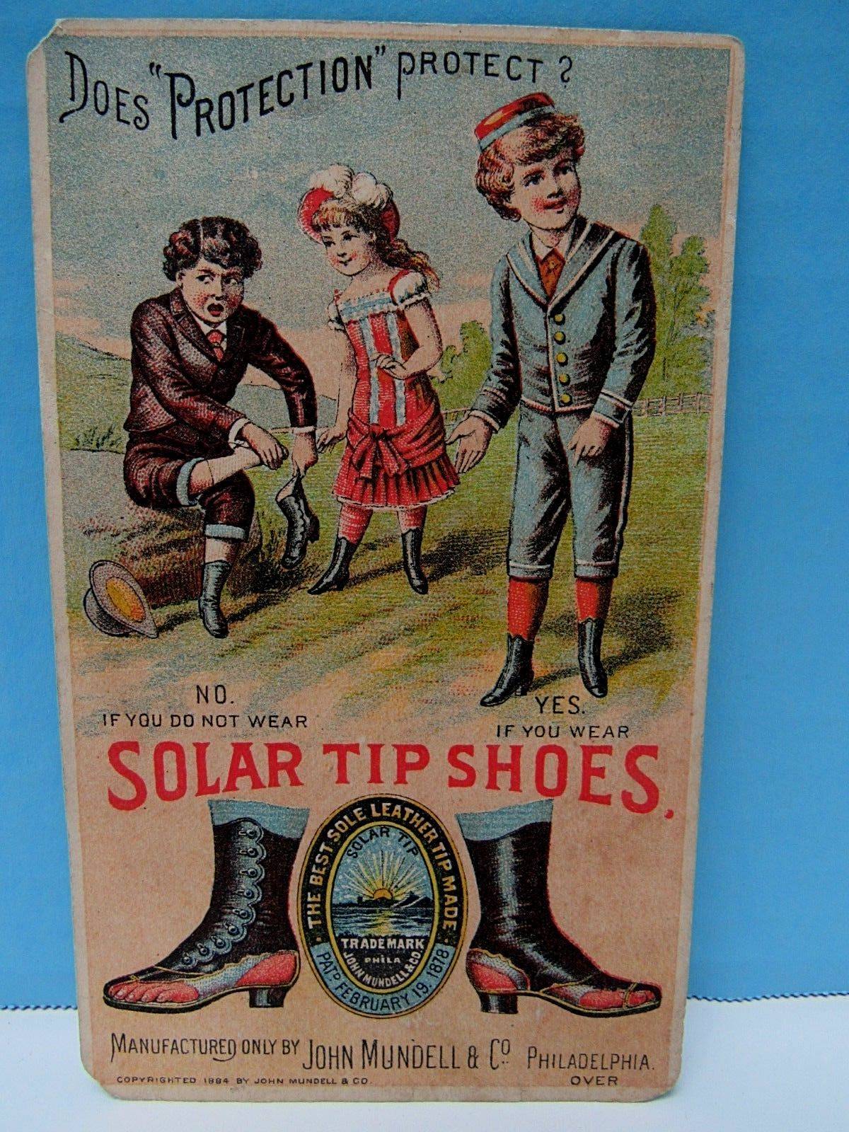 VINTAGE ANTIQUE 1884 COLORFUL ADVERTISING TRADE CARD FOR SOLAR TIP SHOES VG COND
