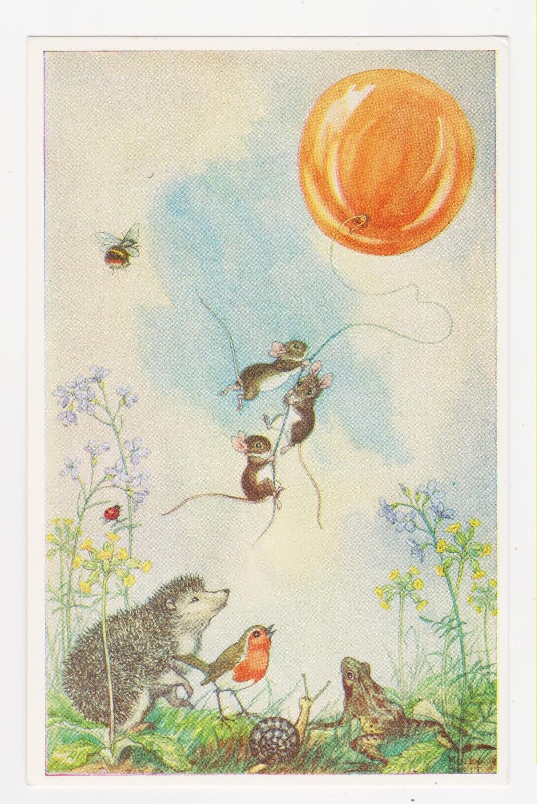Medici Society Postcard,PK314,Balloon Goes Up,Mice,Marmot,Lady Bug,Frog,M.Brett