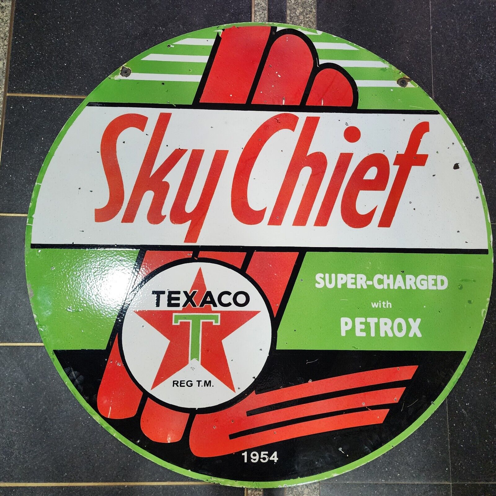 SKY CHIEF 2 SIDED PORCELAIN ENAMEL SIGN 114 CM ROUND