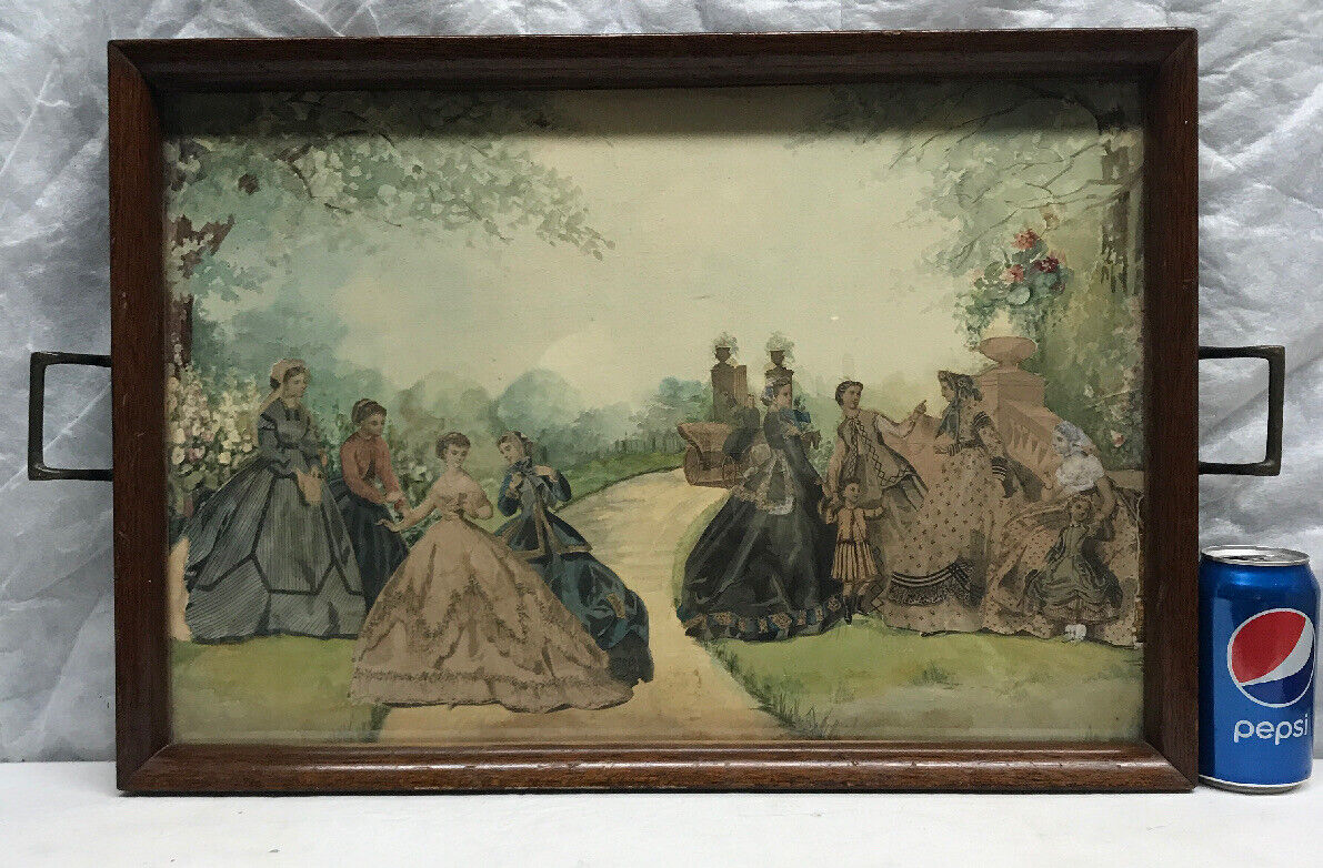 Vtg 30-40’s LG Wood Frame Glass Cut Out Victorian Women Watercolor Serving Tray
