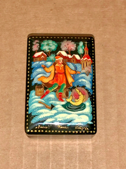 Russian Vintage Lacquer Jewelry Box Handmade Ivan the Fool from school Palehk