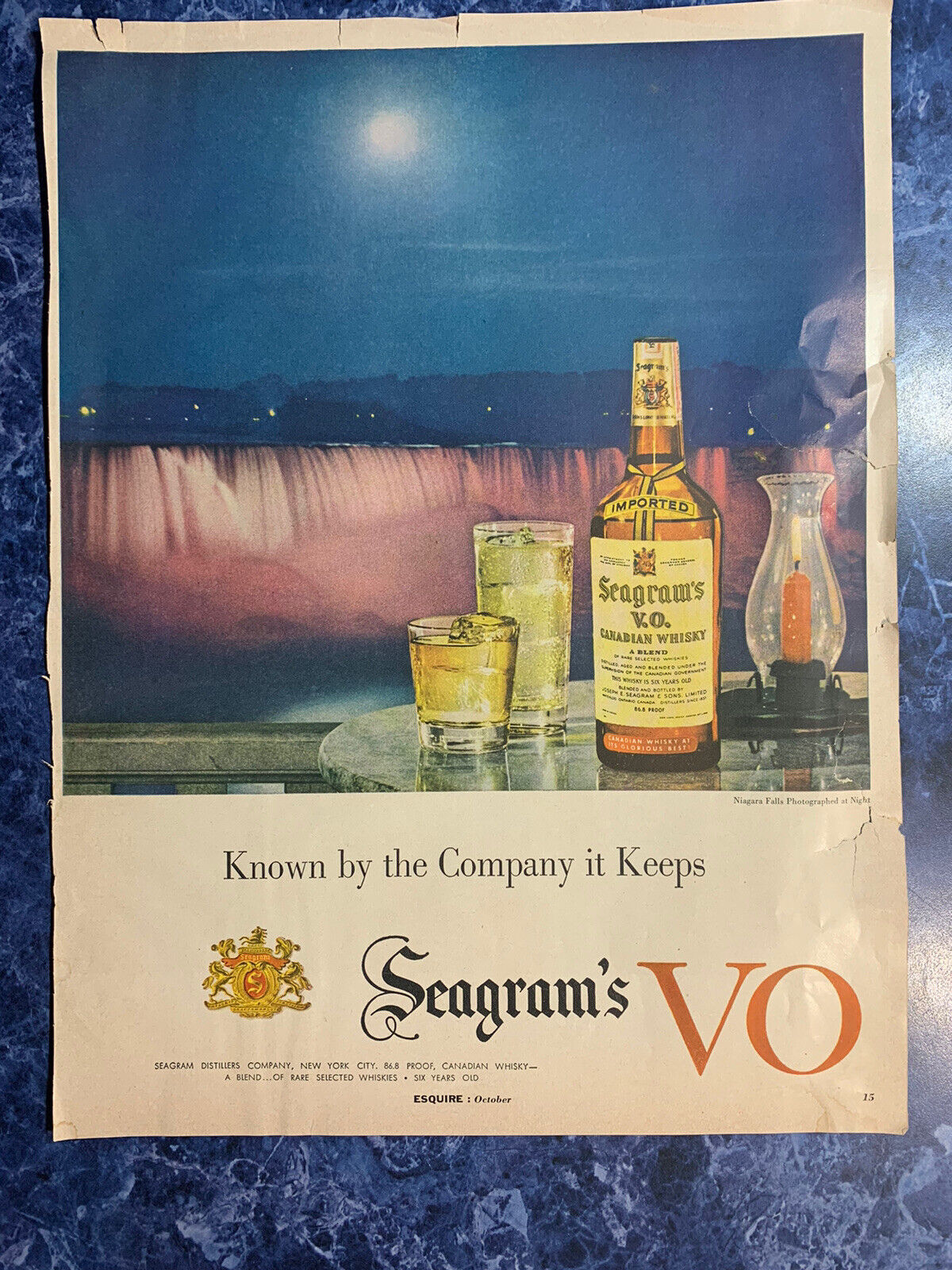 1955 Niagara Falls @ night photo Seagram\'s VO Canadian whisky Original Ad
