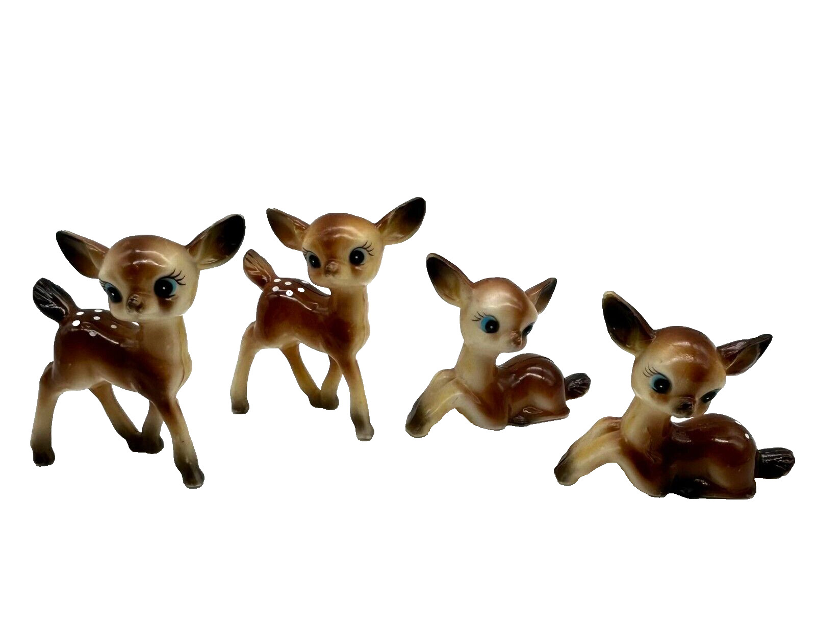 Vintage Anthropomorphic Fawn Deer Plastic Figurine Blue Eyes Family Set of 4