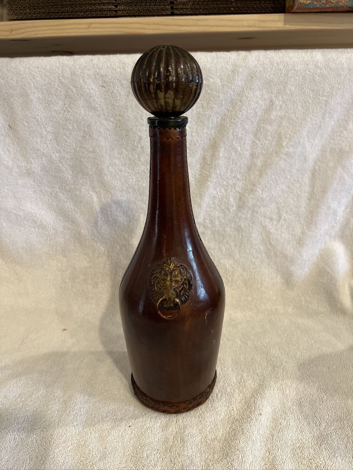 Vintage Italian Leather Wrapped Decanter Bottle With Lions Head Knockers