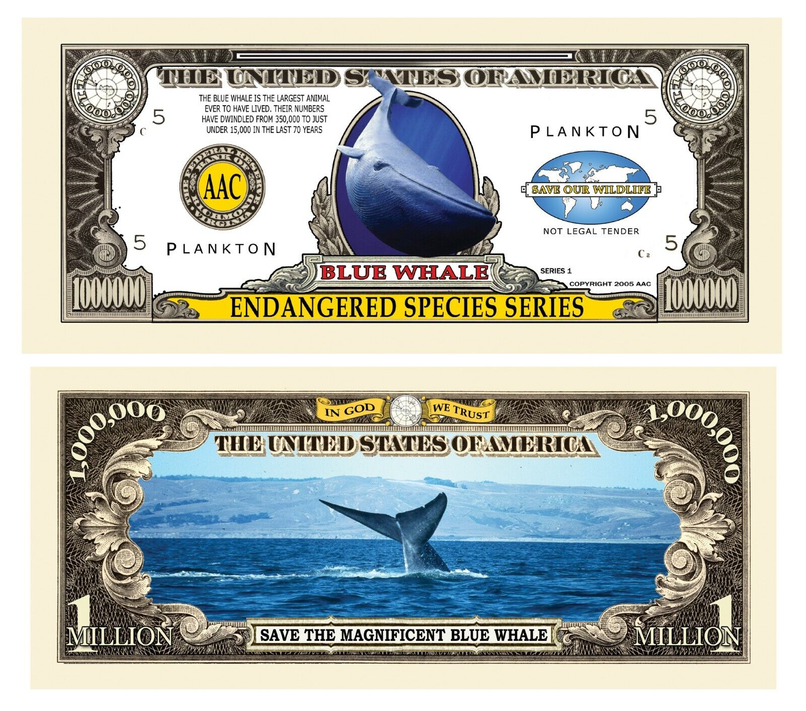 Pack of 25 - Endangered Blue Whale Million Dollar Novelty Bill Collectible