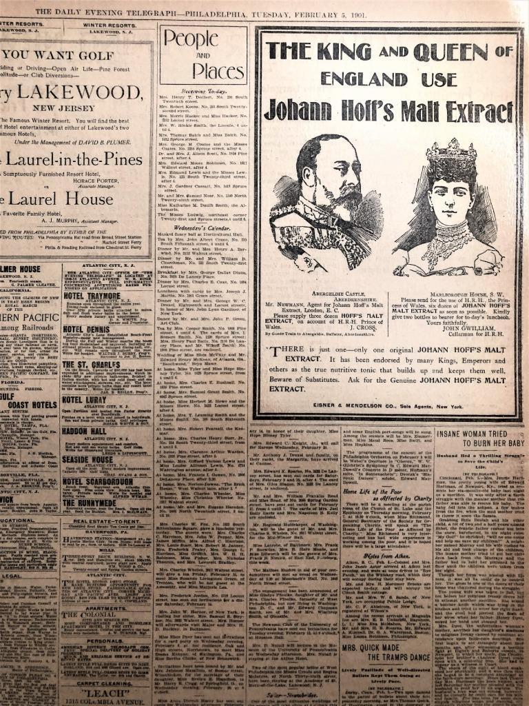 FEB 5, 1901, BEER AD-NEWSPAPER #LJ7404- JOHANN HOFFS MALT MADE FOR KINGS