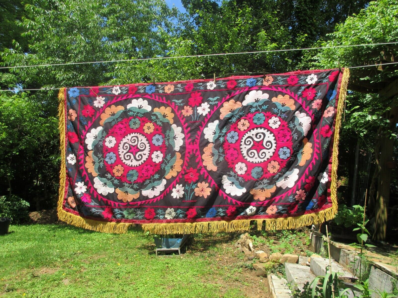 Vintage Large Vibrant Boho Floral Hand Embroidered Wall Hanging Tapestry 94x46