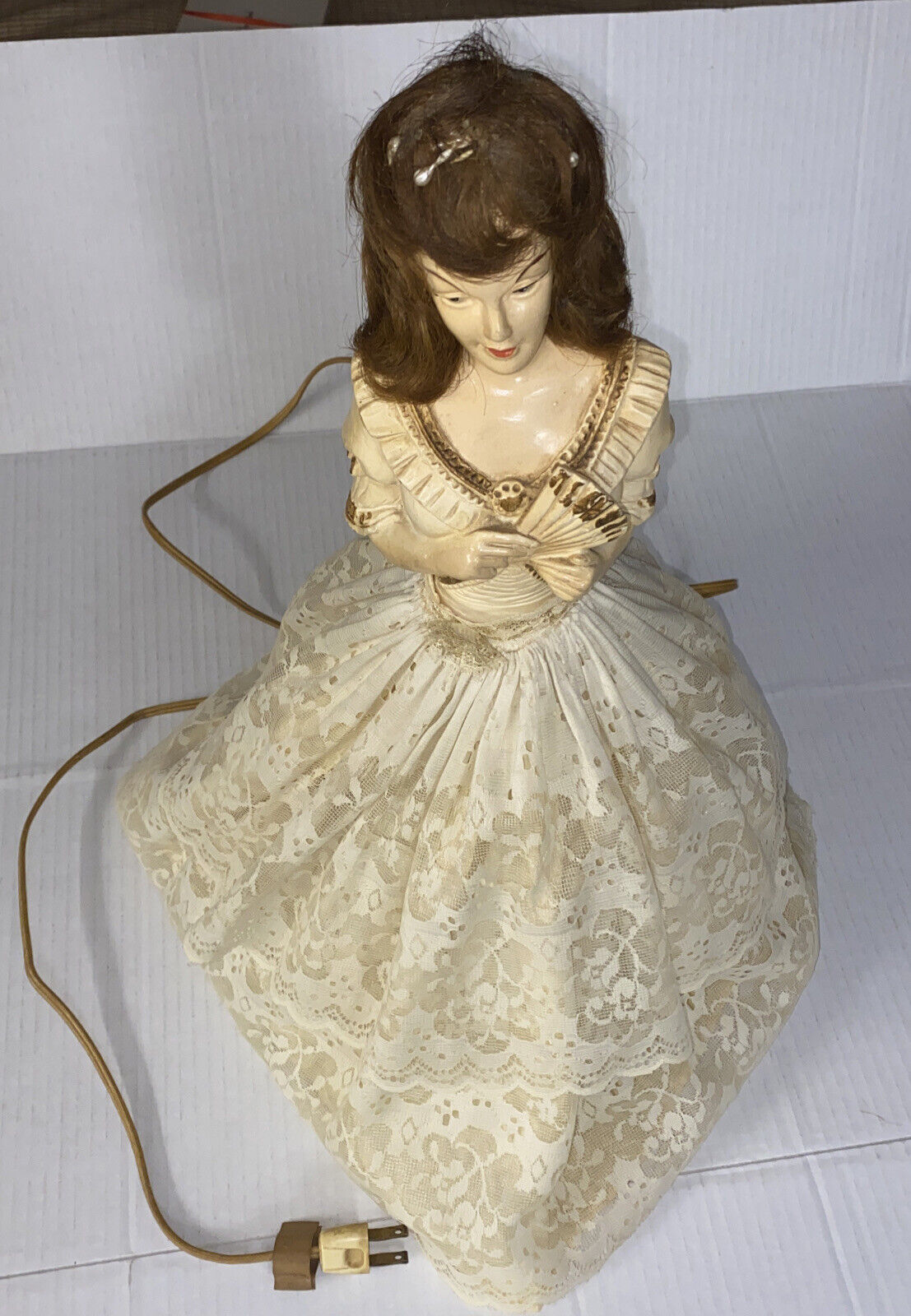 Vintage Boudoir Doll Lamp Tested Works 17” Tall Brunette w Fan Hair MCM