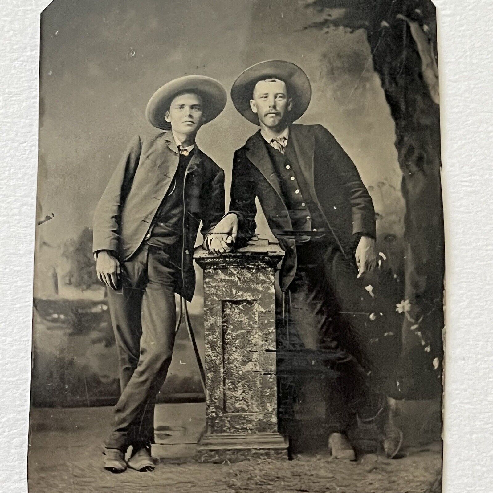 Antique Tintype Photograph Handsome Affectionate Men Holding Hands Great Hats