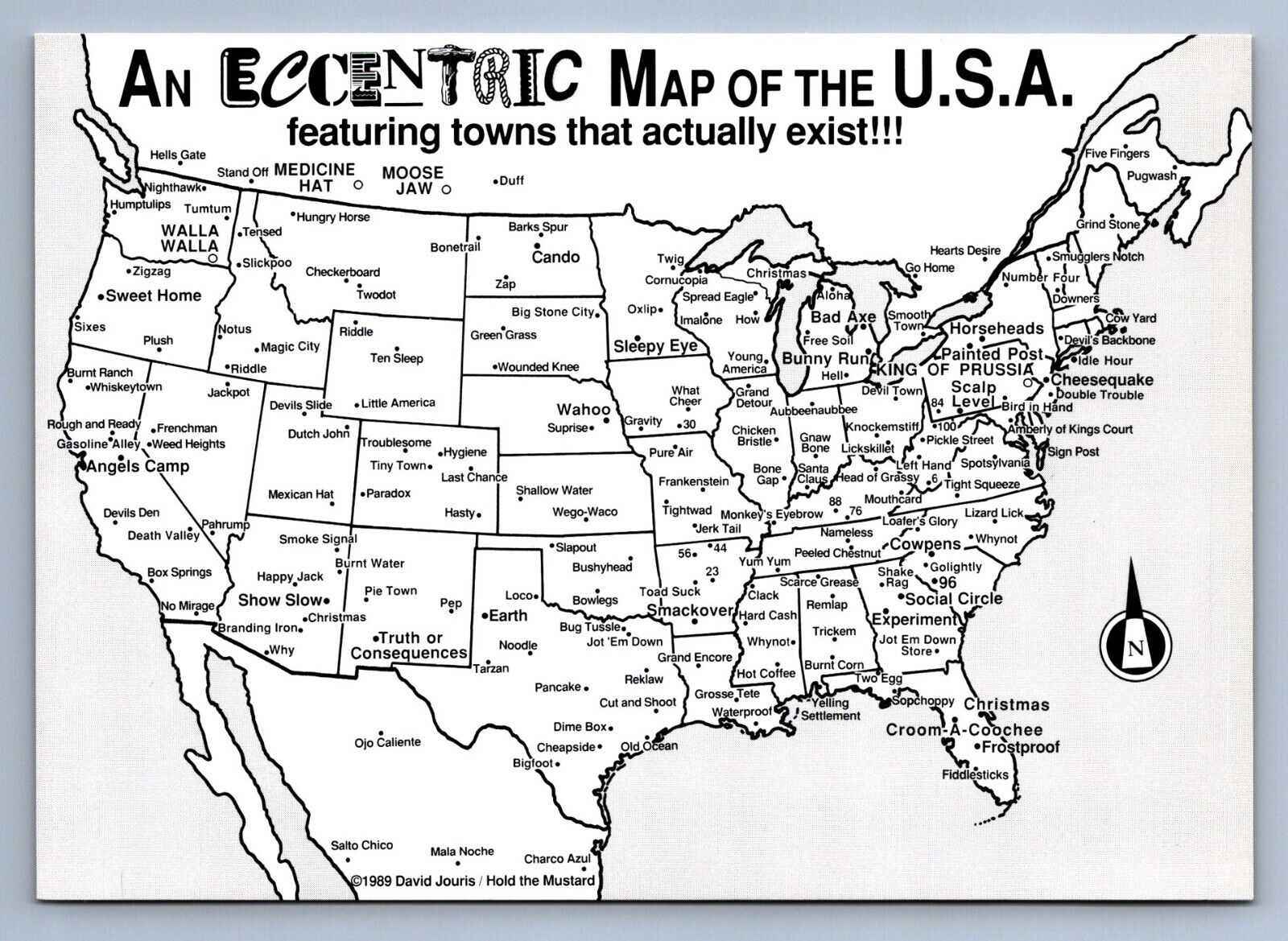 Postcard Vtg United States Map Eccentric Towns USA 1989 4x6