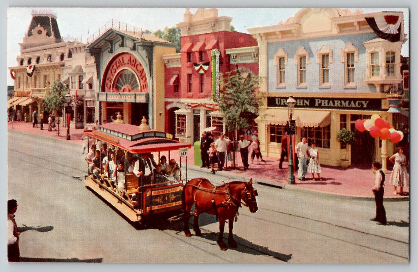 Disneyland Main Street Upjohn Pharmacy Horse Trolley Vintage Postcard c 1960s