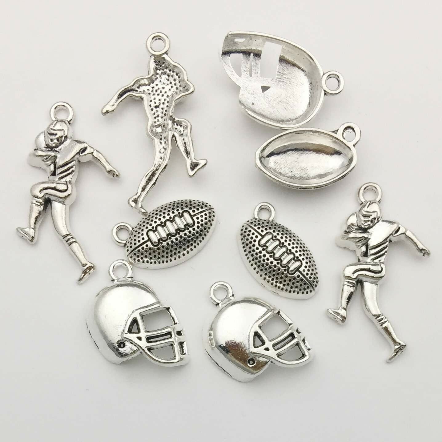 6 Football Themed Charms Antiqued Silver Tone Sport Pendants Team Assorted