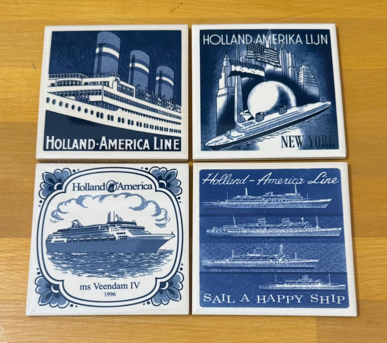 Set of 4 Different Holland America Line Tiles Coasters Blue & White Ships 4×4