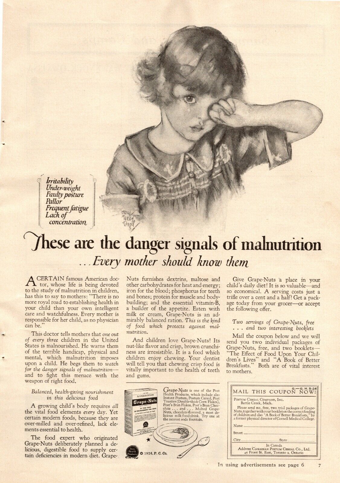 1926 Grape Nuts Cereal Vintage Print Ad Danger Signals Of Malnutrition 