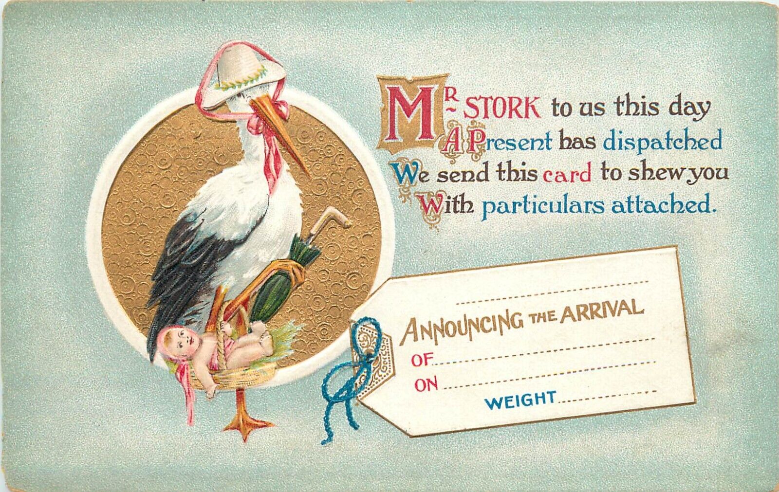 Bamforth Embossed Birth Announcement Postcard E.12 Stork, Baby & Umbrella