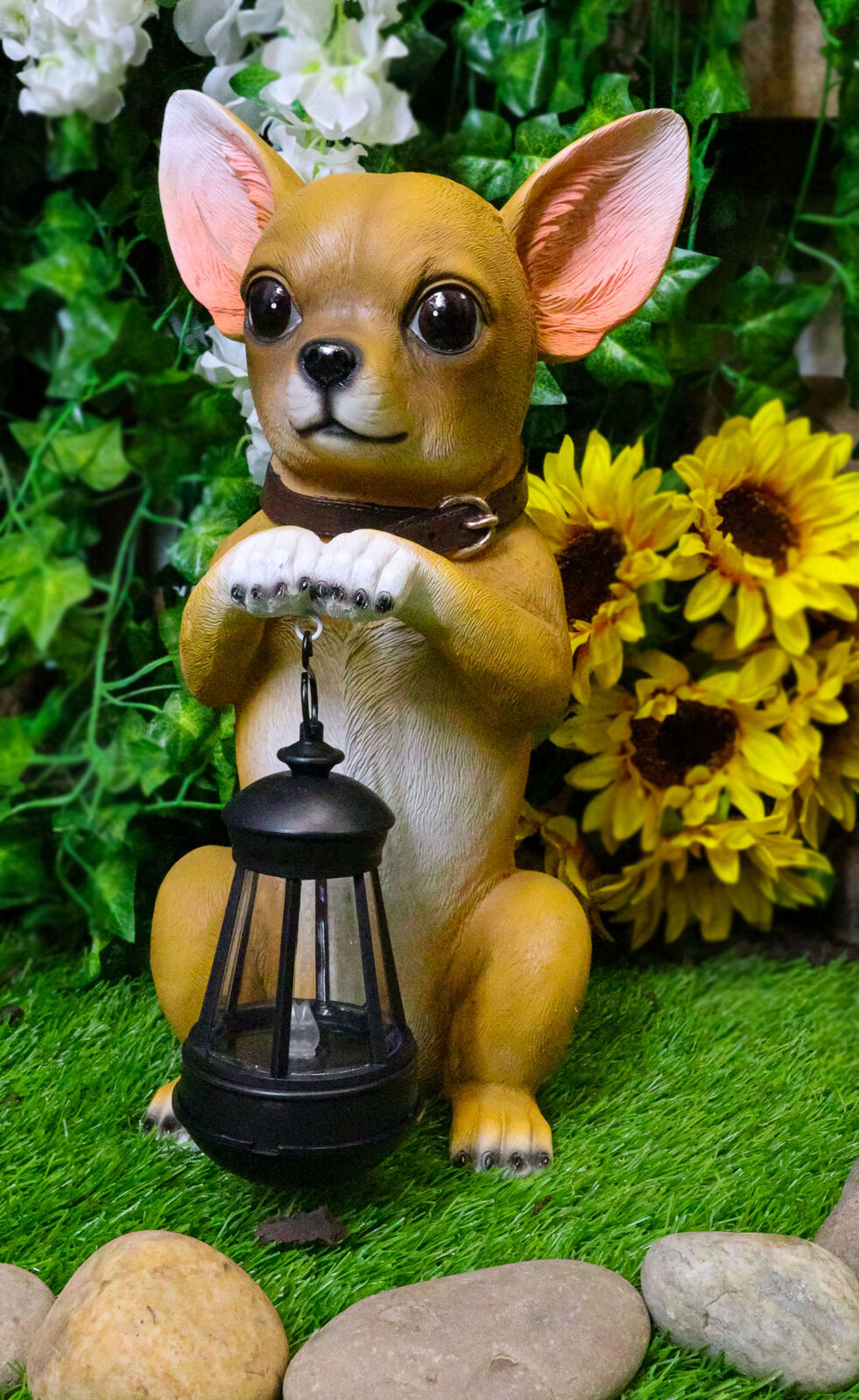 Ebros Gift Chihuahua Dog On Two Legs Statue with Solar LED Lantern Lamp 14\