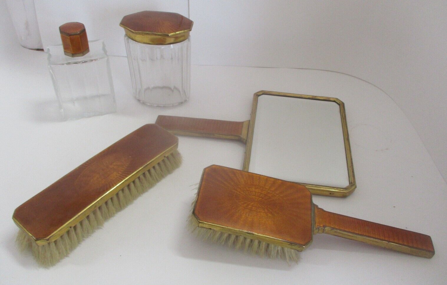 Vintage 5 Piece German Dresser Vanity Set, Brushes, Bottles, Mirror