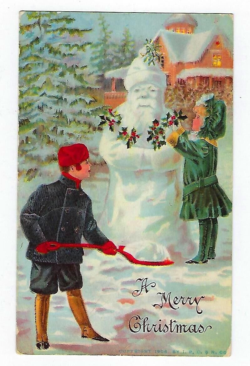 1908 I.P.C.&N. Christmas Postcard Boy & Girl Making A Snowman  Embossed