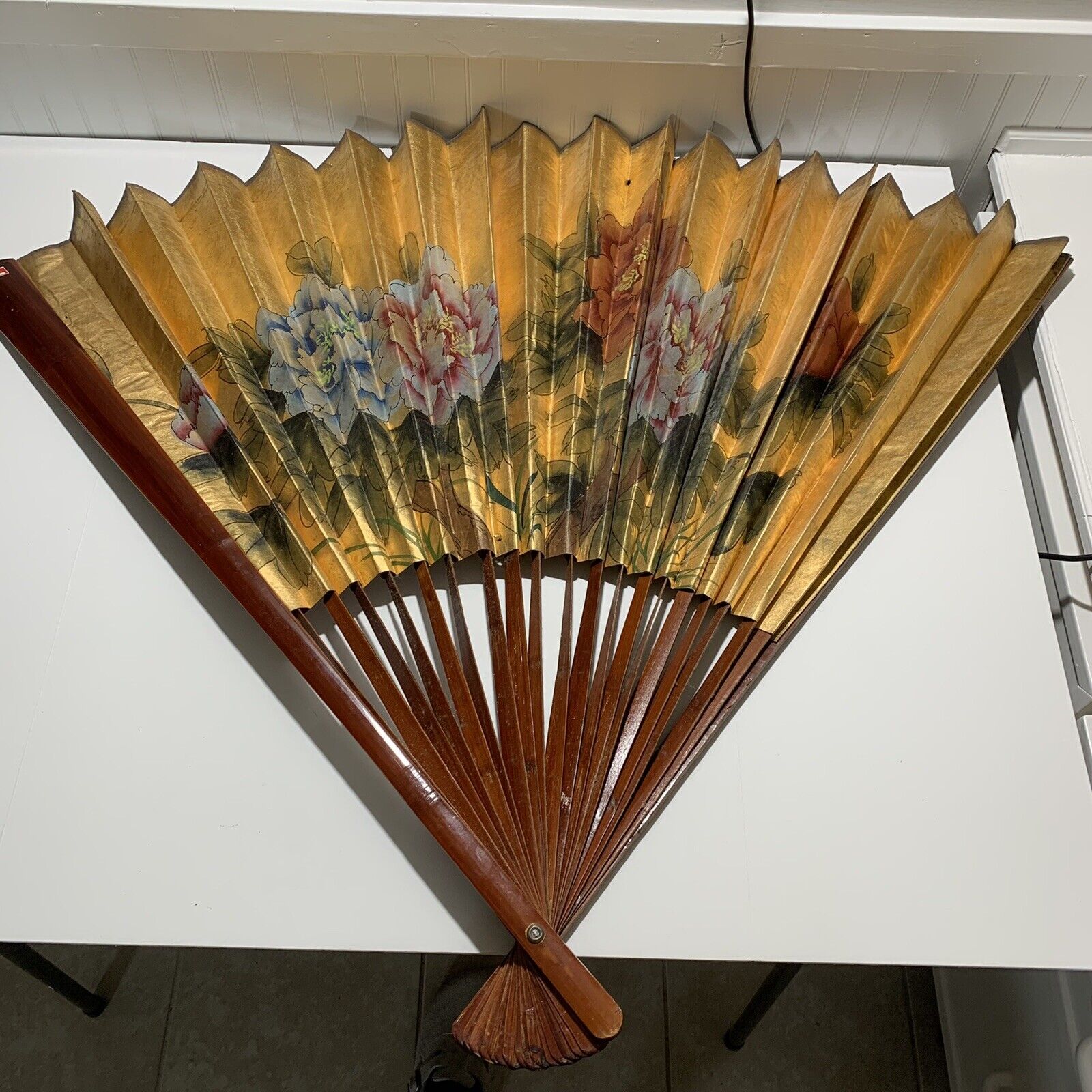 Vintage X-Large Hand Painted Folding Wall Fan Wall art Peonies Flowers Design