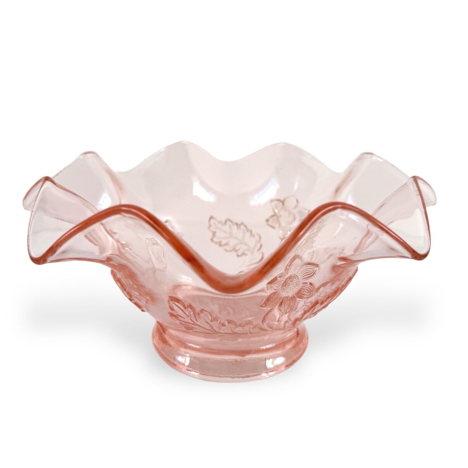 Vintage Depression Glass Ruffle Edge Pink Glass Bowl Raised Flower Leaf Design