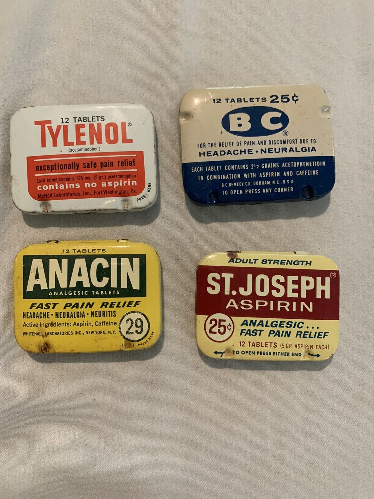 4 Vintage Hinged Tins St Joseph Anacin Tylenol BC Medicine Asprin Tins Set Of 4