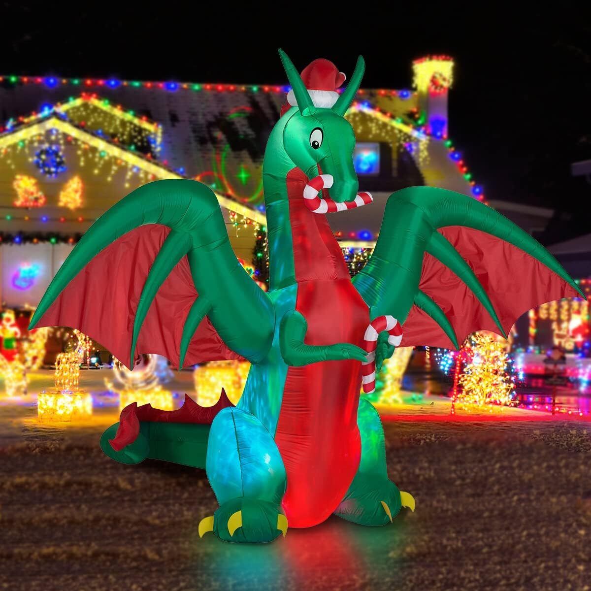 BLOWOUT FUN 8ft Inflatable Christmas Dargon with Candy Disco LED Lighted Blow Up