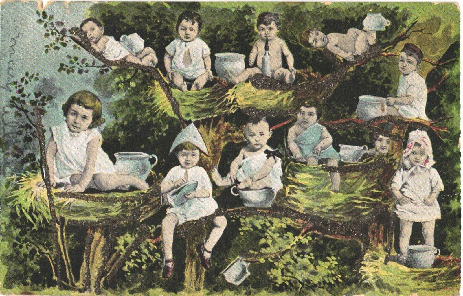 Painting of Adorable Babies With Their Chamber Pots On Nests And Tree Postcard