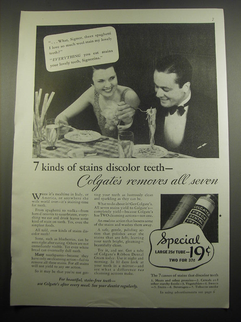 1933 Colgate's Tooth Paste Ad - 7 kinds of stains discolor teeth