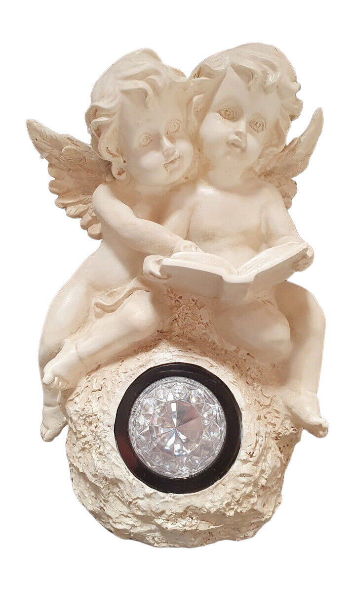 Solar Powered Figurine With Two Angels READING (LIGHTS UP)
