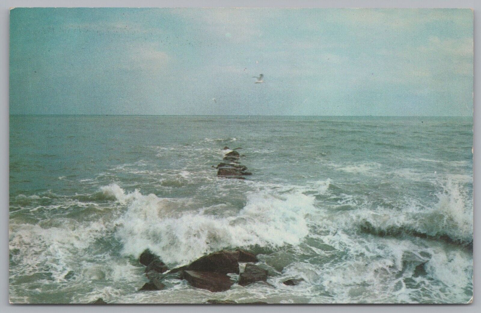 Beautiful Ocean Waters, Seagulls Flying Above, Rocks Above Water Level, Vintage