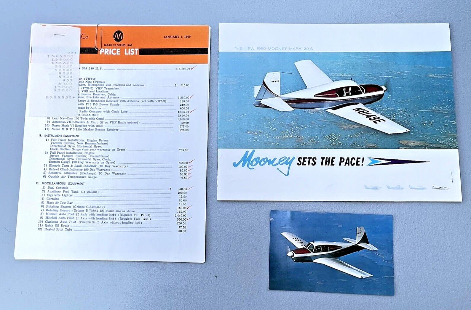 1960 Mooney Aircraft Mark 20A Airplane Brochure Price List & Postcard Lot #E20