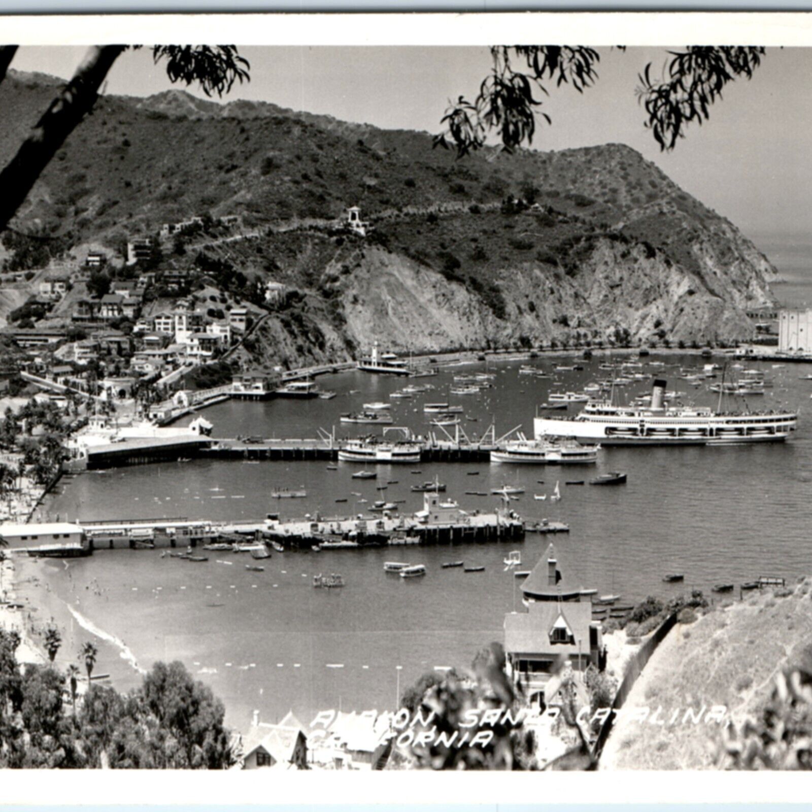 c1940s Avalon, Santa Catalina CA RPPC Birds Eye Harbor Steamship Real Photo A130
