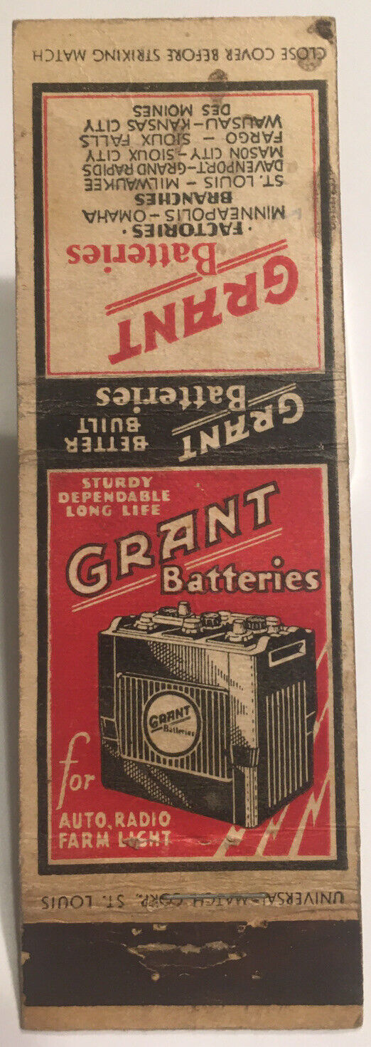 Rare Vintage Matchbook Cover Grant Batteries For Auto, Radio & Farm Light d832