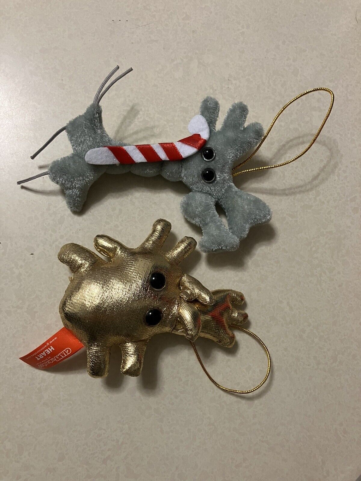 Giant Microbes Set of 2 Gray Brain Cell and Gold Heart Christmas Ornaments 