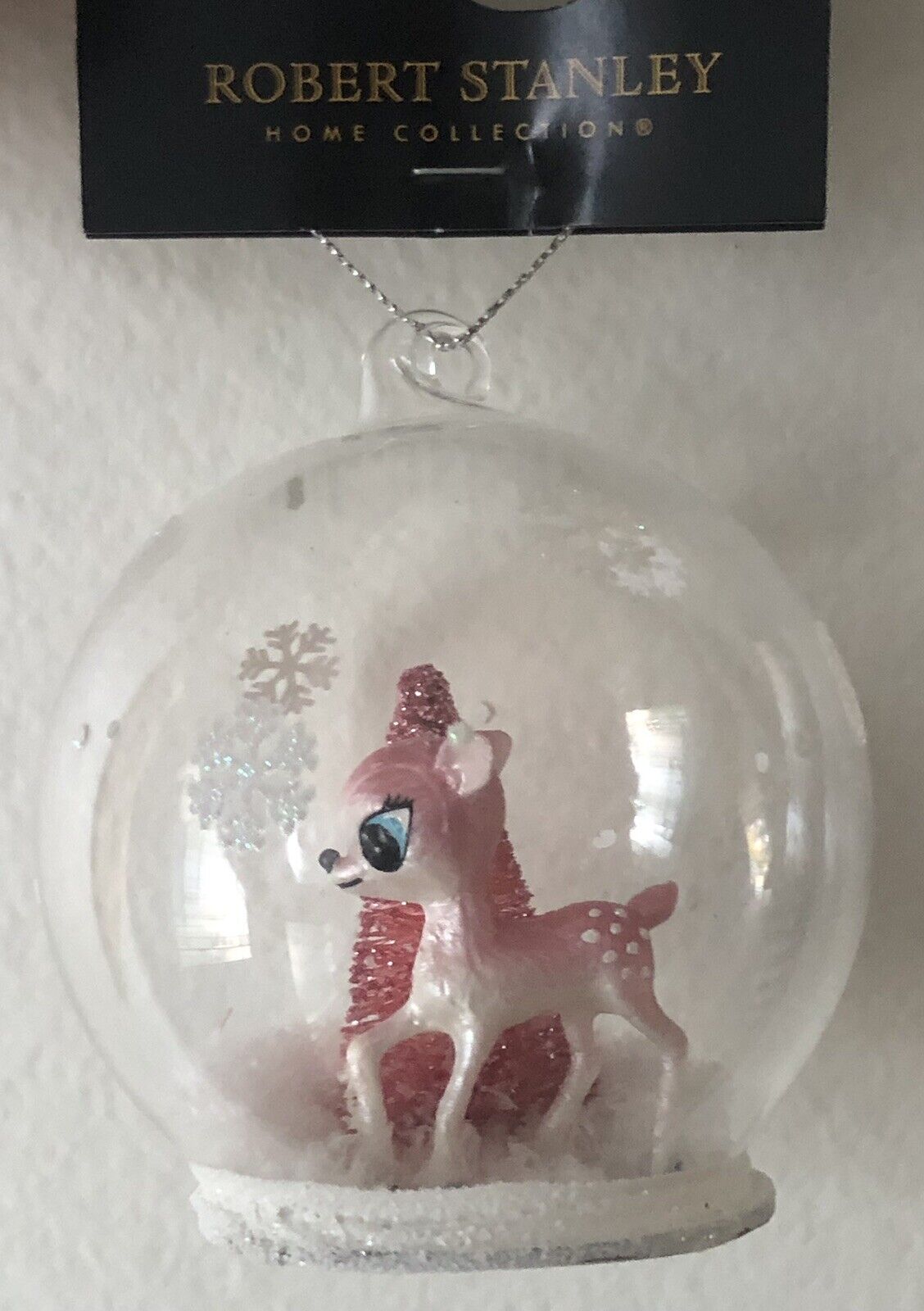 Pink Deer & Tree Faux Snow Globe Ornament Robert Stanley - New With Tags