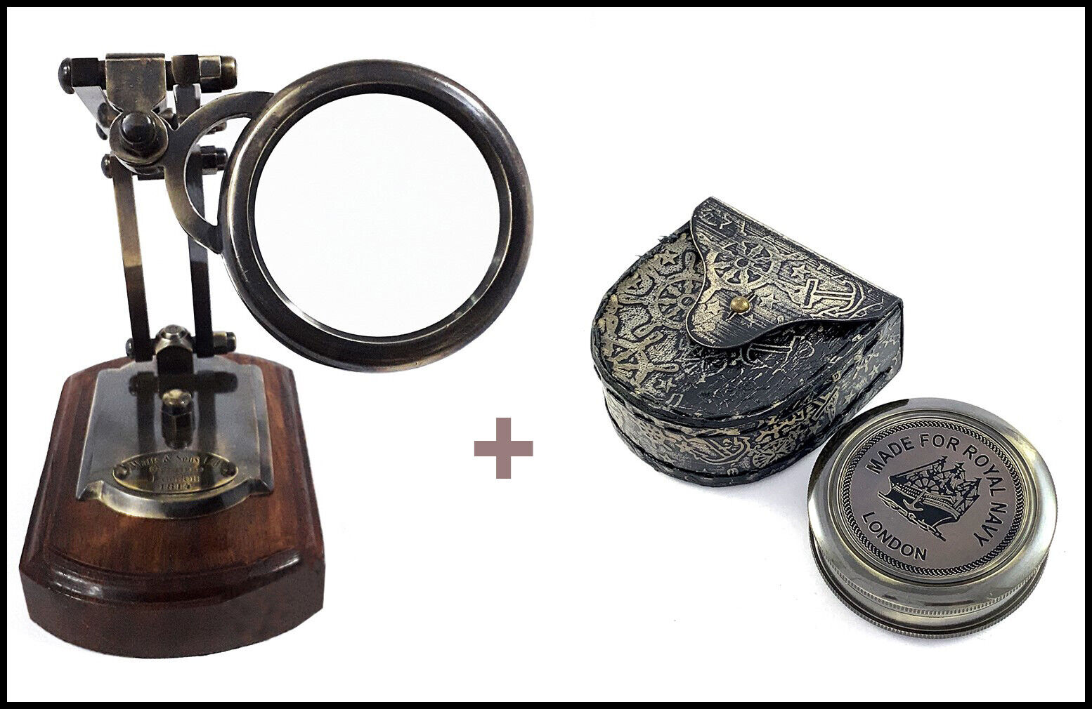 Brass Desk Magnifying Glass Optics Lens Antique Reader Compass Vintage Gift Xmas