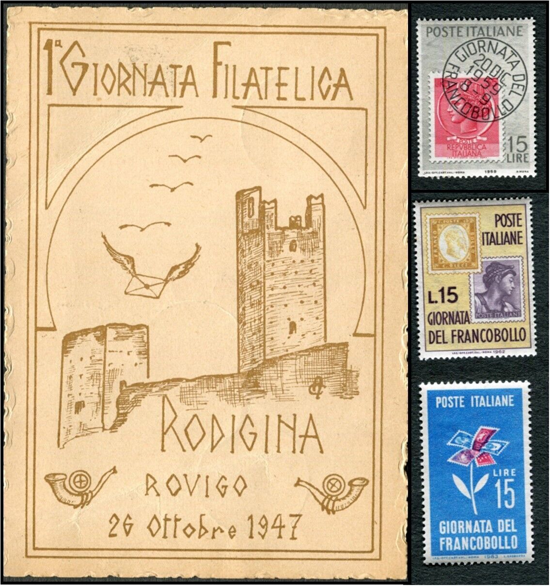 1947 Italian Philately, ROVIGO STAMP-DAY postcard - plus 3 Stamp-Day Mint Stamps