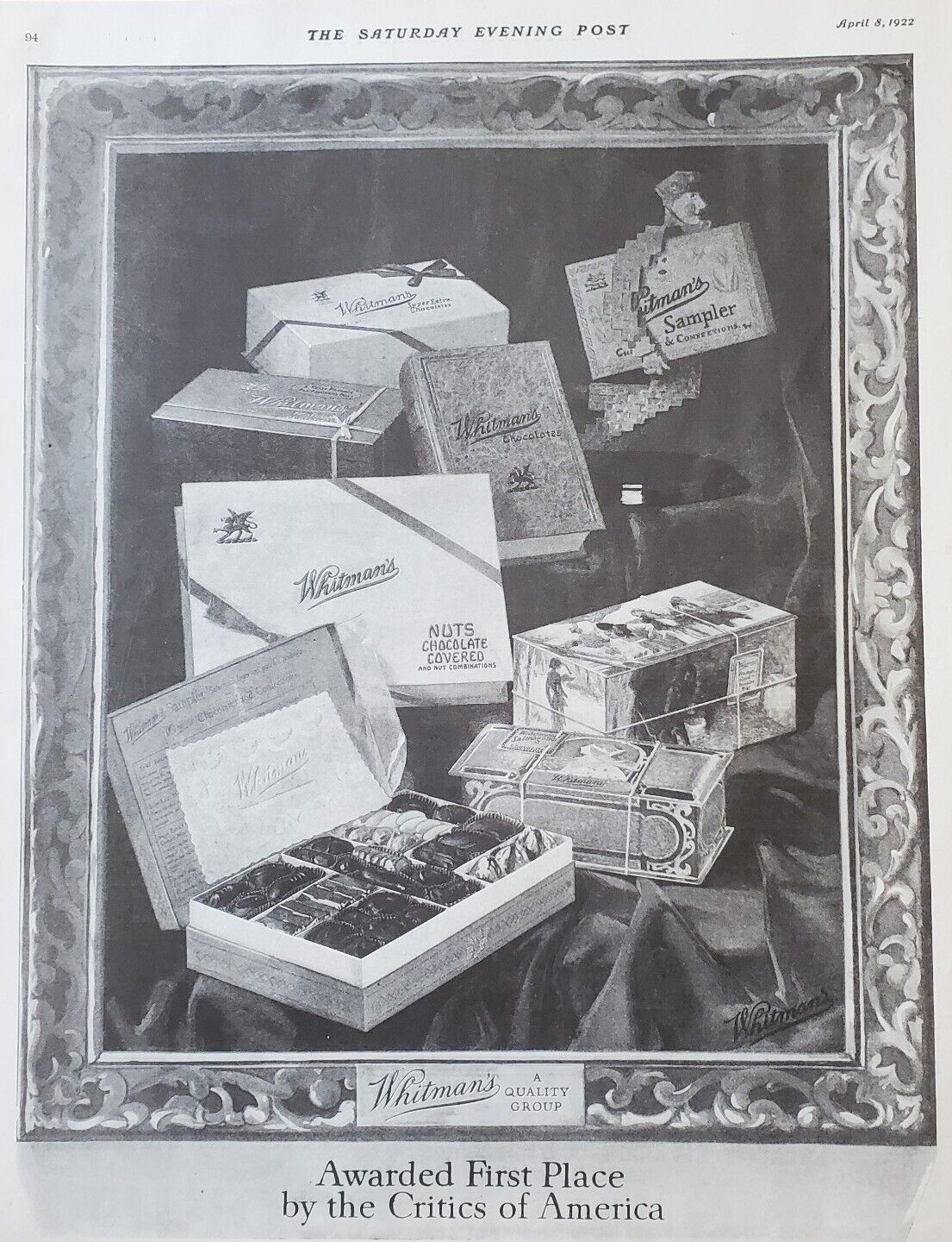 1922 Original Whitmans Sampler Chocolates Candies Vintage Print Ad NICE