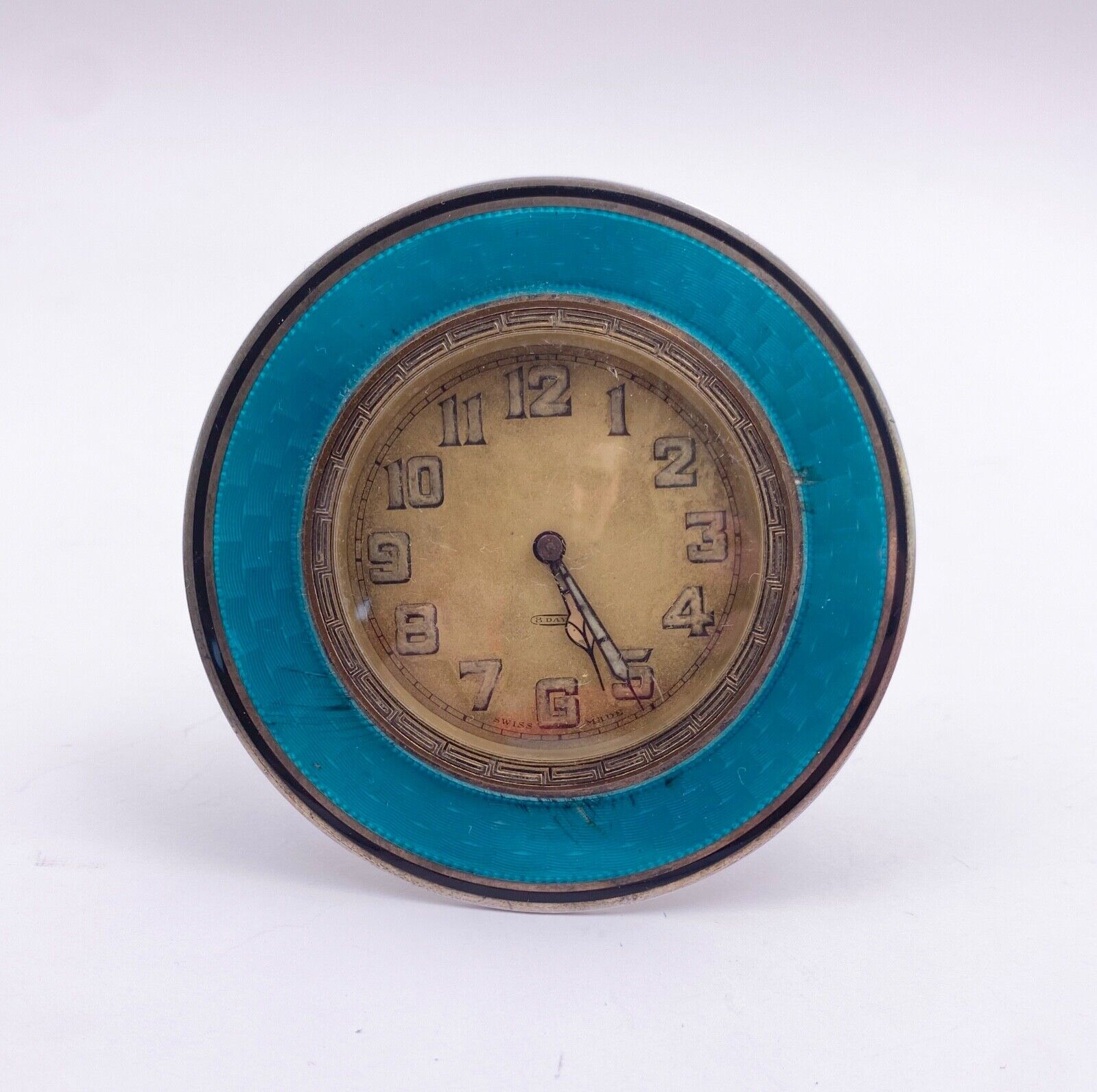 Exceptional Guilloche & Silver Teal Blue Sandoz Swiss Travel Watch Clock W/Stand