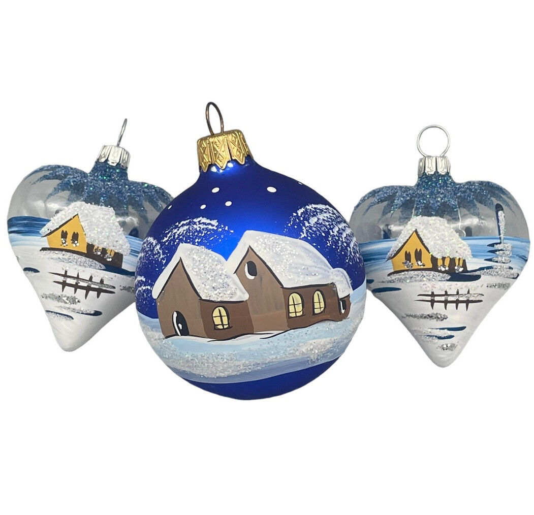 German Glass Christmas Ornaments 3 Mouth Blown Hand Painted Hearts Winter Scenes