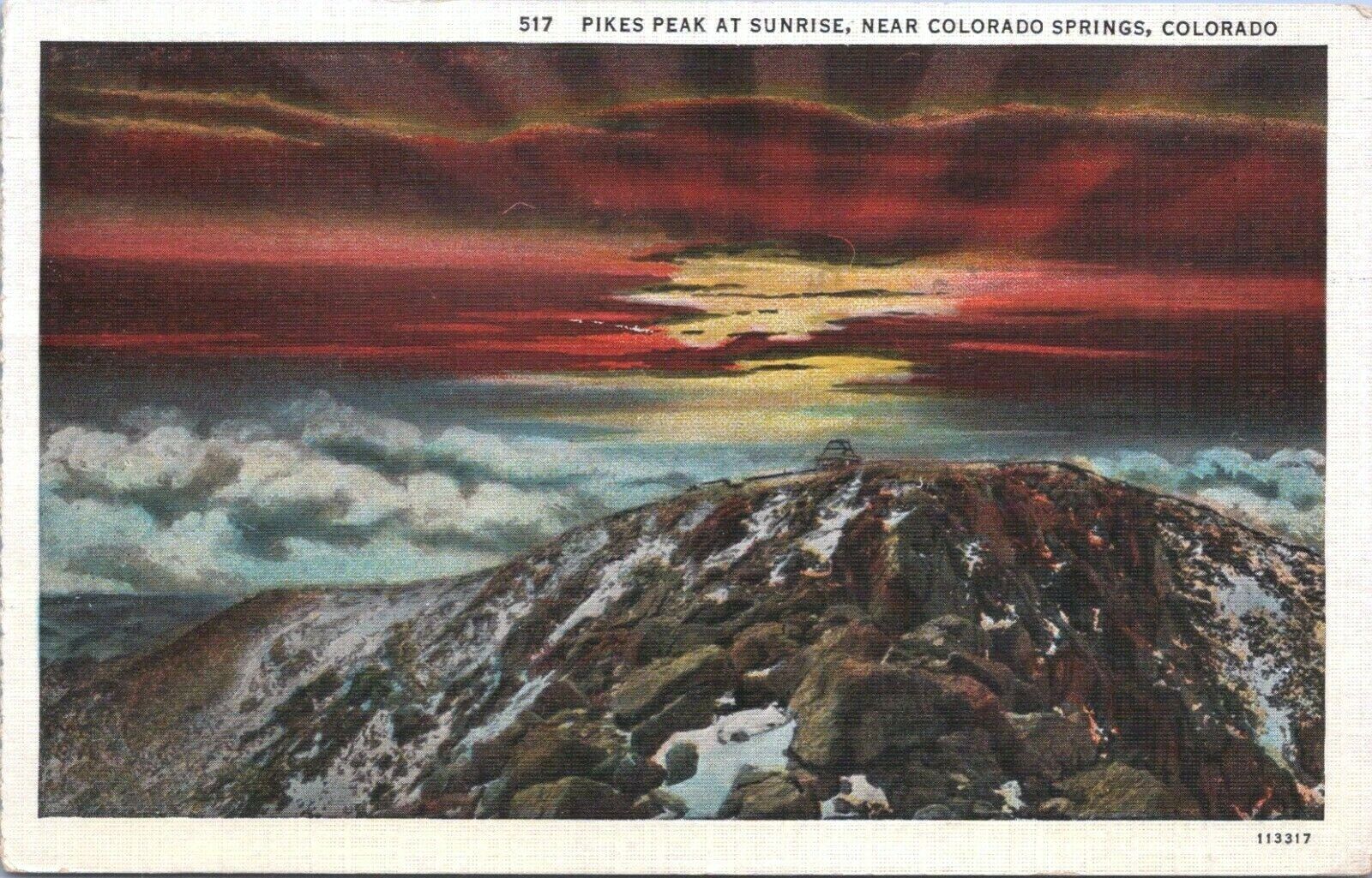 Postcard CO Pikes Peak Sunrise Rays Mountain Clouds Scenic View Colorado Springs
