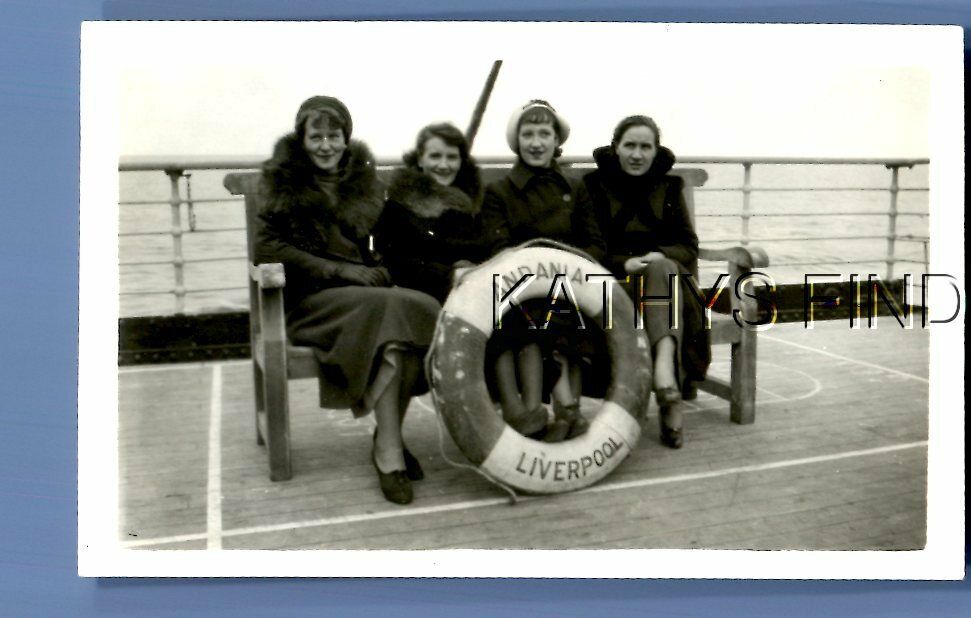FOUND B&W PHOTO G+2448 PRETTY WOMEN SITTING ON BENCH ON SHIP,ANDANIA,LIVERPOOL