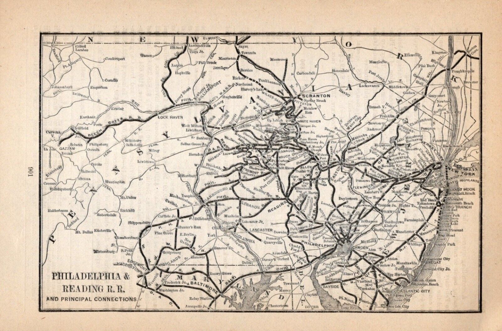 1892 Philadelphia and Reading Vintage Railroad Map   1363
