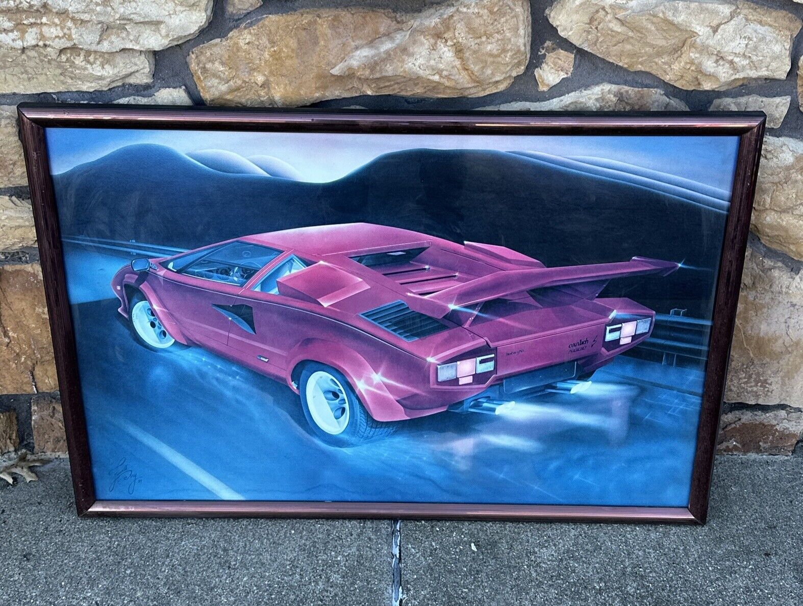 1984 Lamborghini Countach 5000S Poster Framed Signed “FARWELL PERRY” 34”x23”