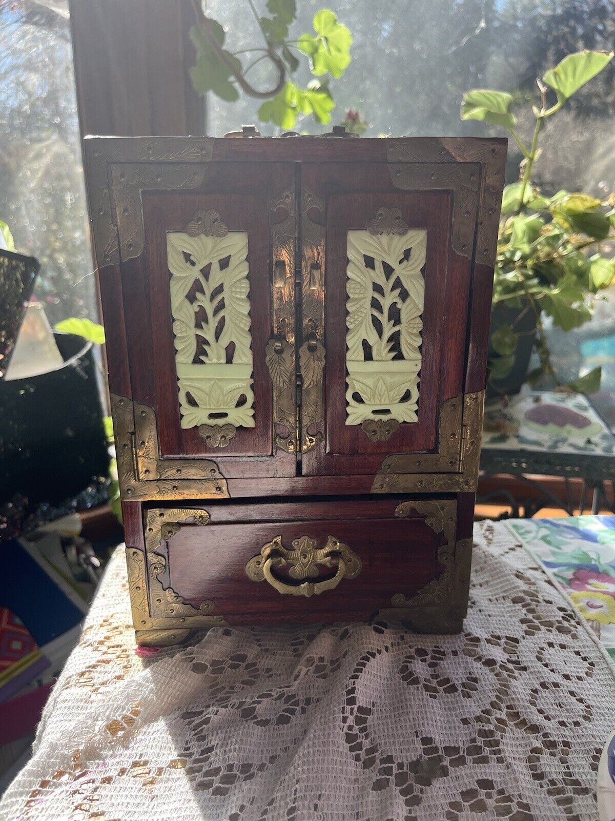 Vintage Chinese Jade Brass Wooden Jewelry Box with Drawers.