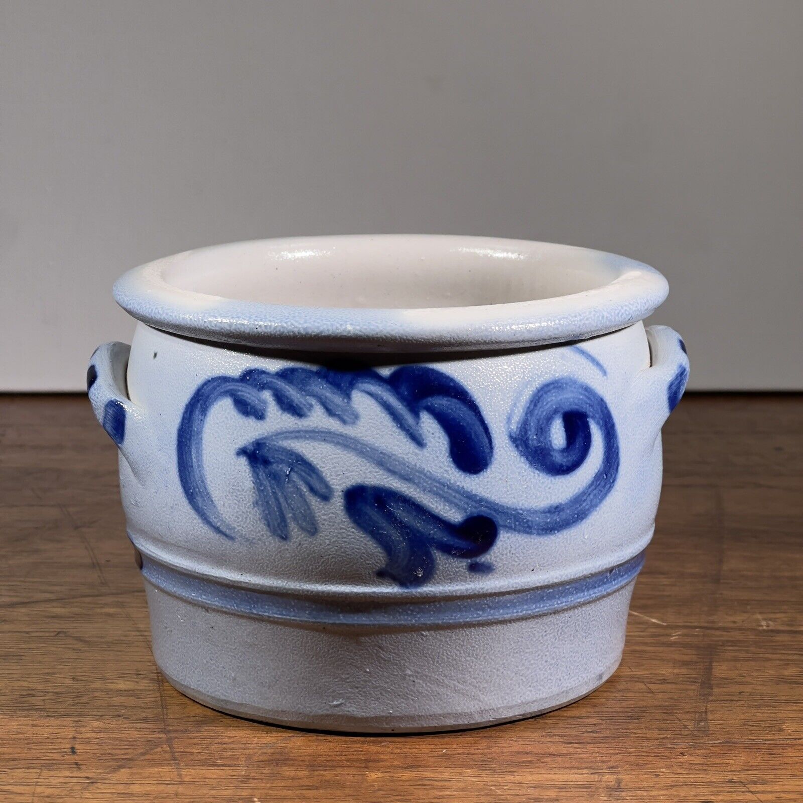 Vtg Belgian Salt Glazed Stoneware Crock w Handles Cobalt Blue Pottery Planter