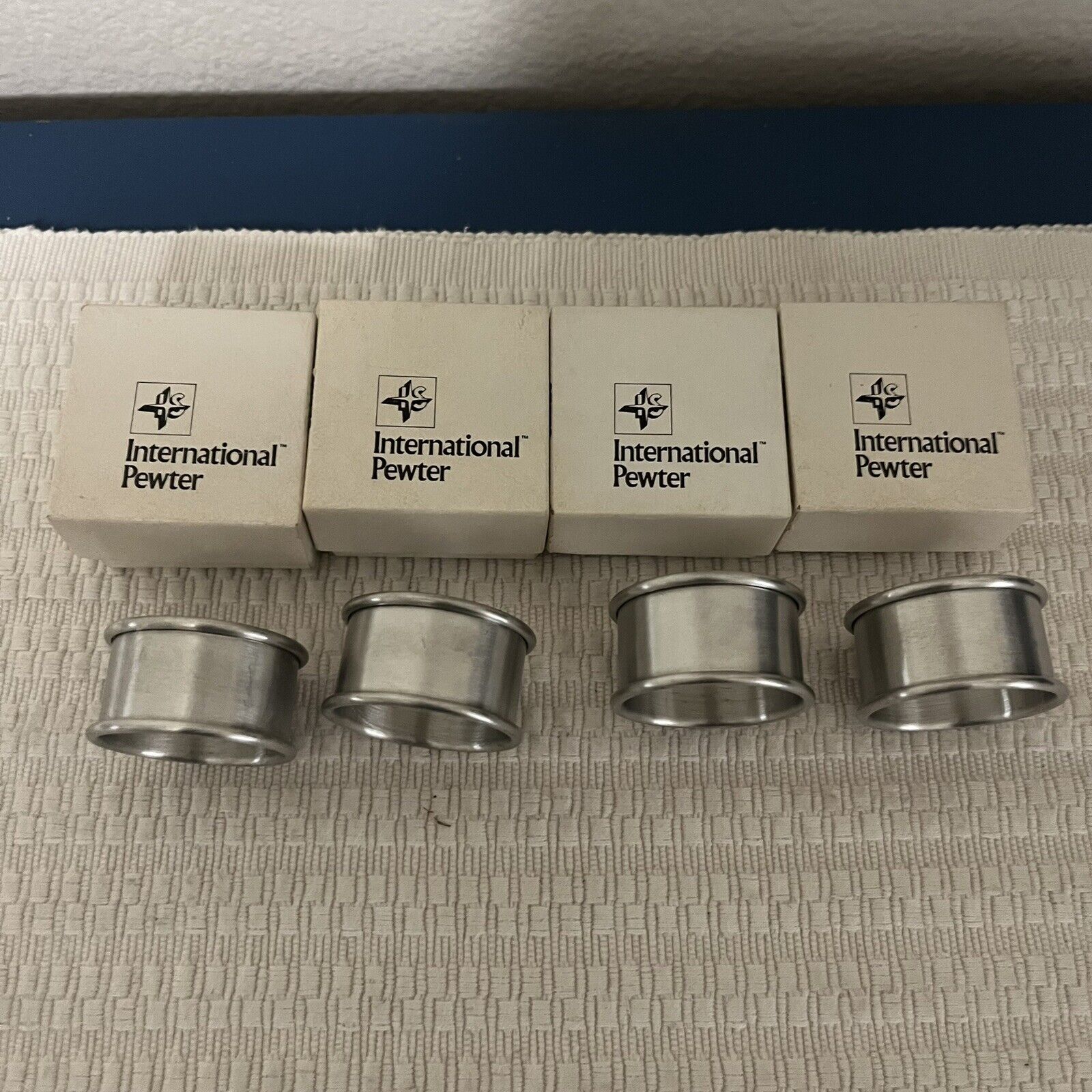 Vintage International Pewter Company Napkin Bands Rings in Box Set of 4