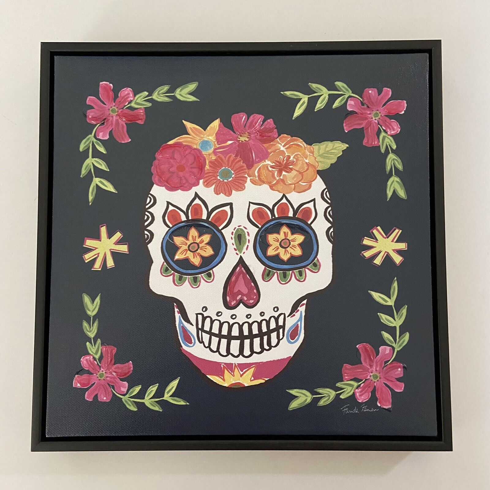Skull Canvas Print Calavera Framed 12 Inches Black Floral Dia de Los Muertos 